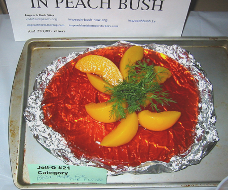 In Peach Bush Jell-O: peaches in red Jell-O