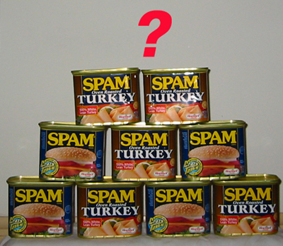 stack of SPAM with question mark at top of pyramid